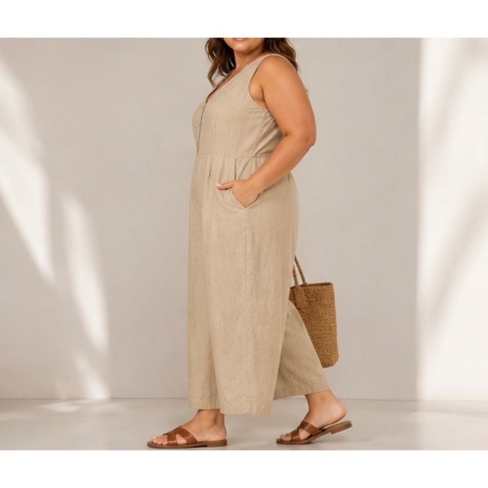 ECOWISH Jumpsuit Womens Khaki Tan Linen Blend Wide Leg V-Neck Sleeveless XL
